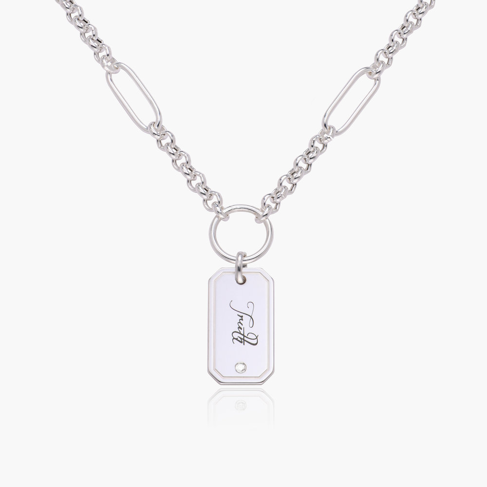 Lucy Chain Necklace with engravable tag- Silver with diamonds