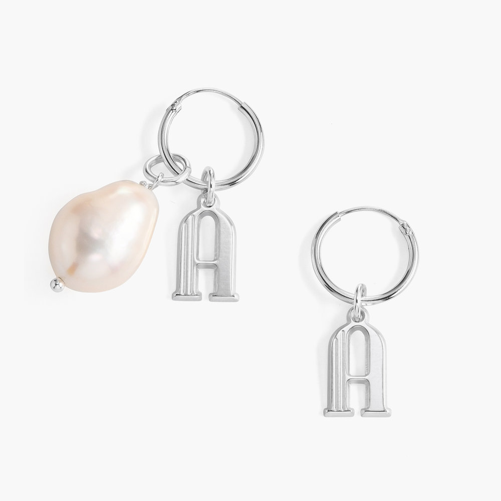 Initial Hoop Earrings With Baroque Pearl - Sterling Silver - 1
