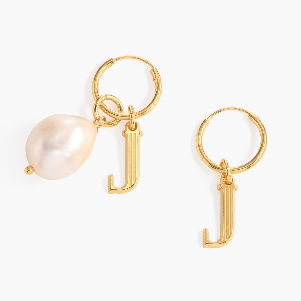 Initial Hoop Earrings With Baroque Pearl - Gold Plated