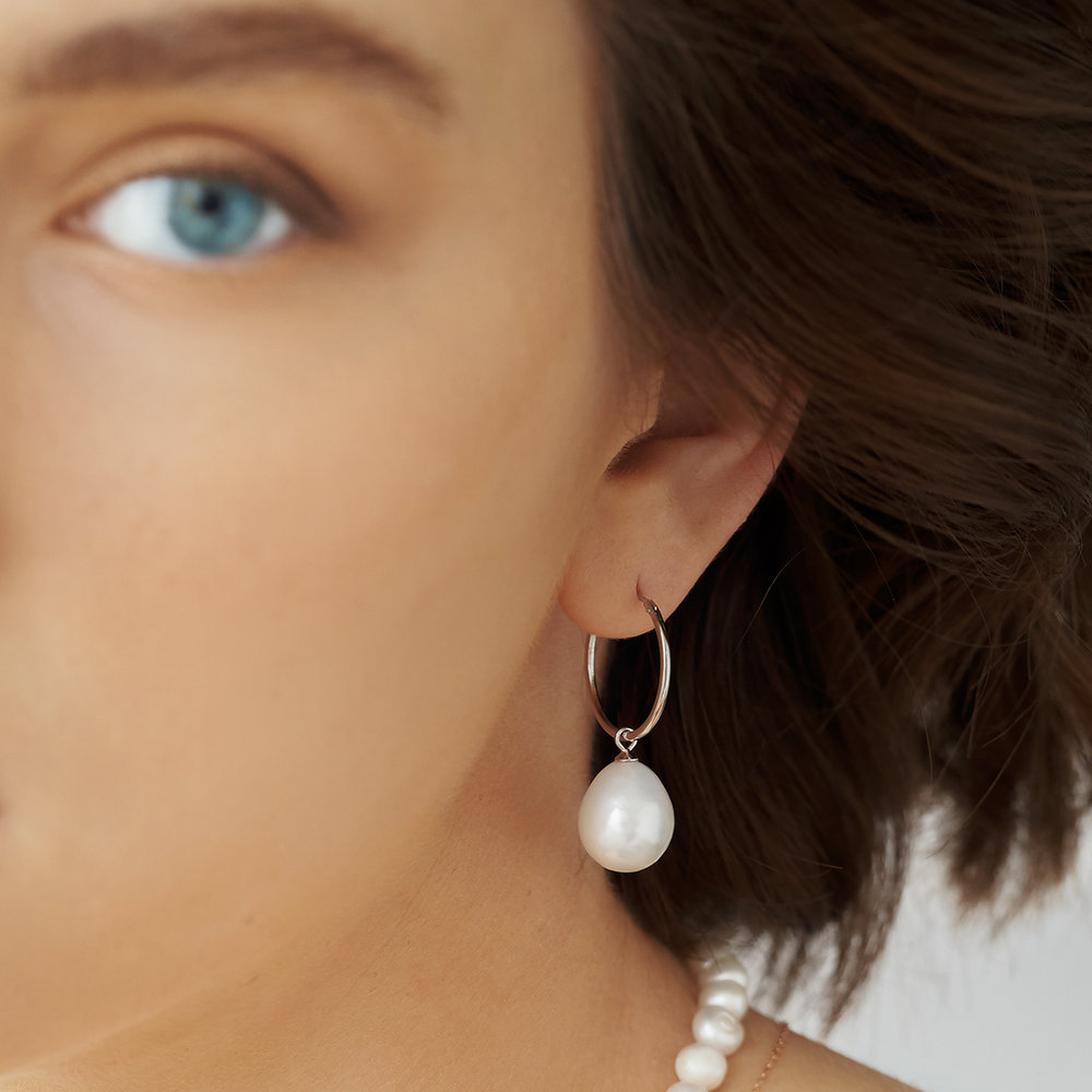 Melody White Pearl Hoop Earrings- Silver - 2 product photo