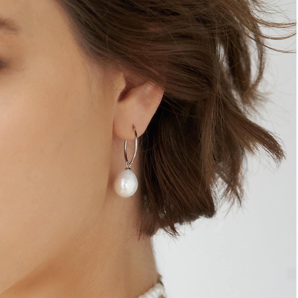 Melody White Pearl Hoop Earrings- Silver - 3 product photo