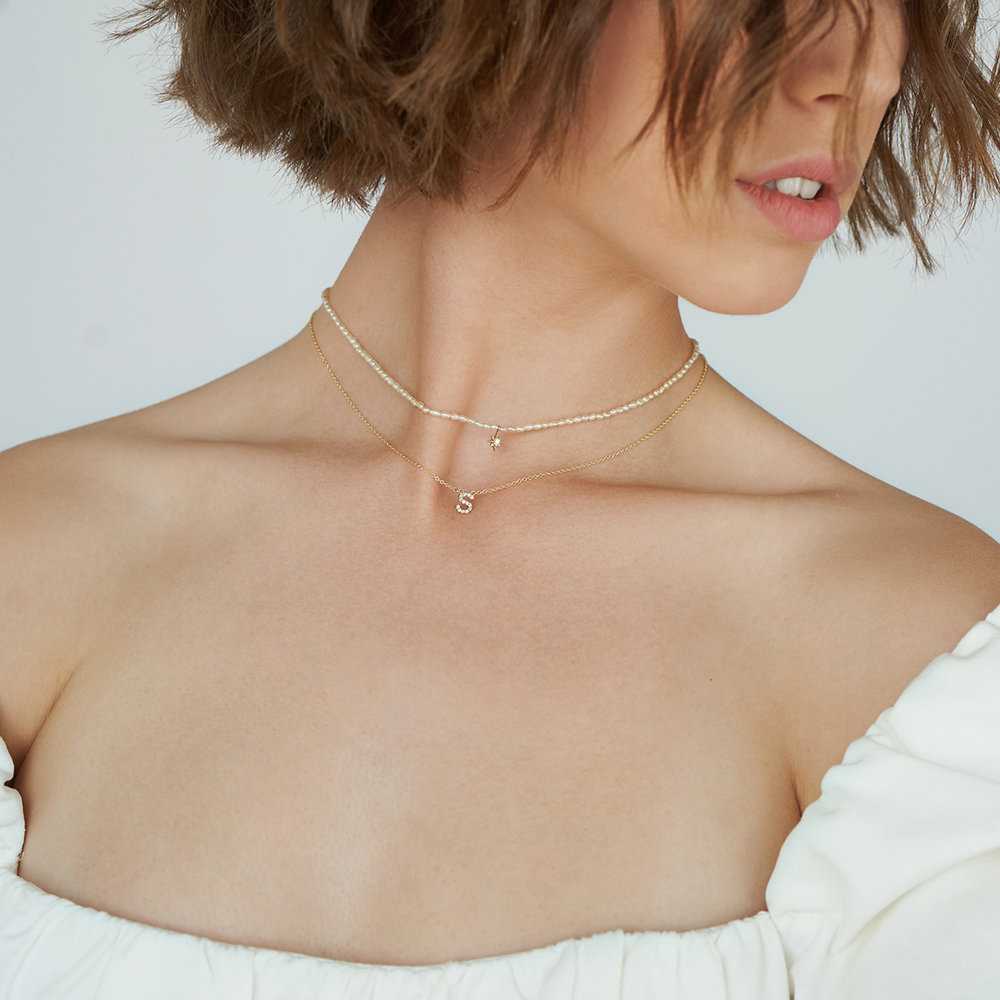 Zoe Initial Necklace with Diamonds- 14K Solid Gold - 3 product photo