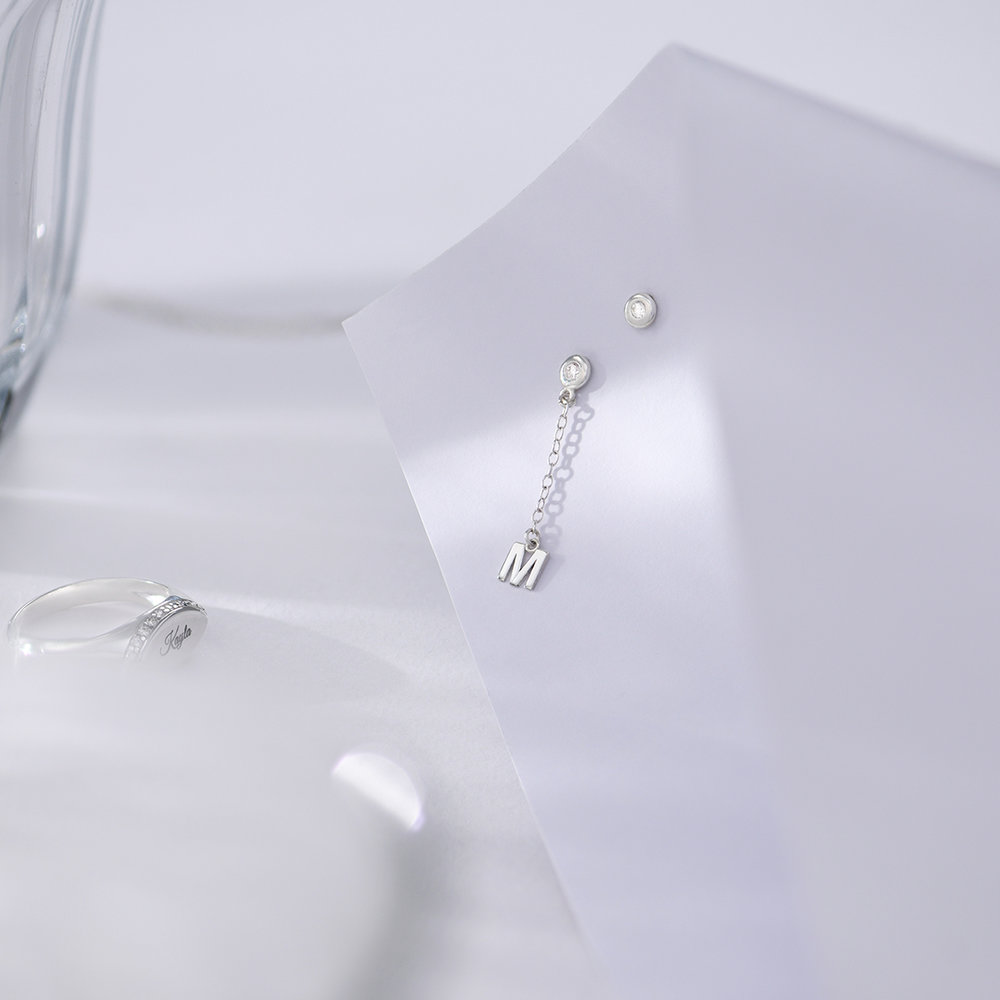 Inez Initial Chain Stud Earrings with Zirconia - Silver - 2 product photo