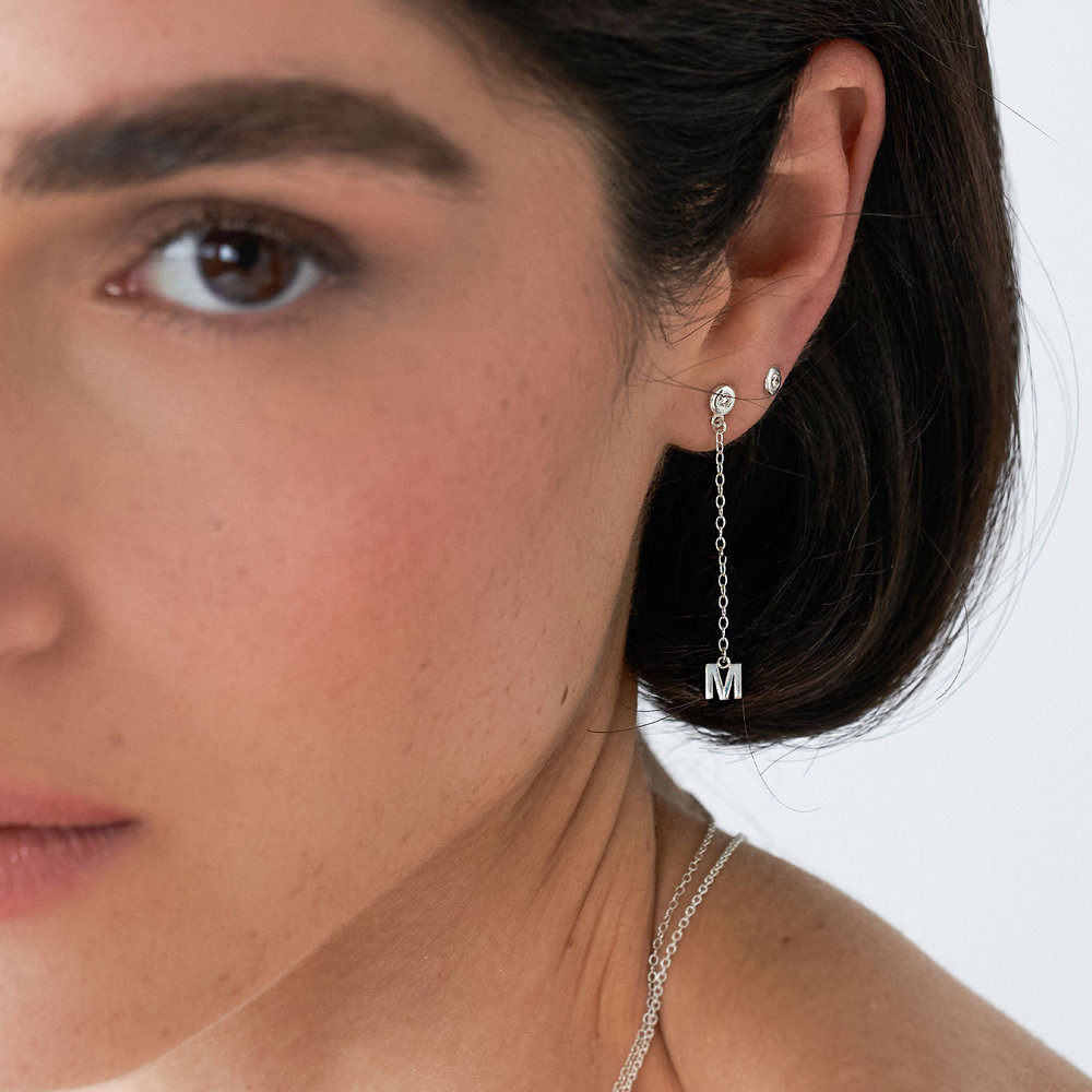 Inez Initial Chain Stud Earring with Diamonds - Silver - 3 product photo