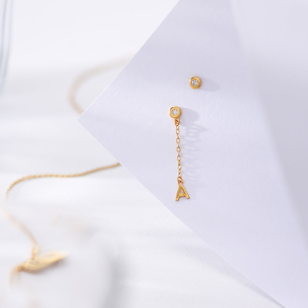 Inez Initial Chain Stud Earrings with Zirconia - Gold Vermeil - 2 product photo
