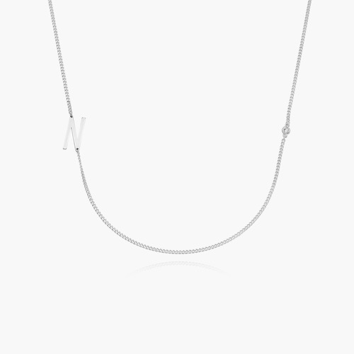 Side Initial Necklace with a diamond- Silver product photo
