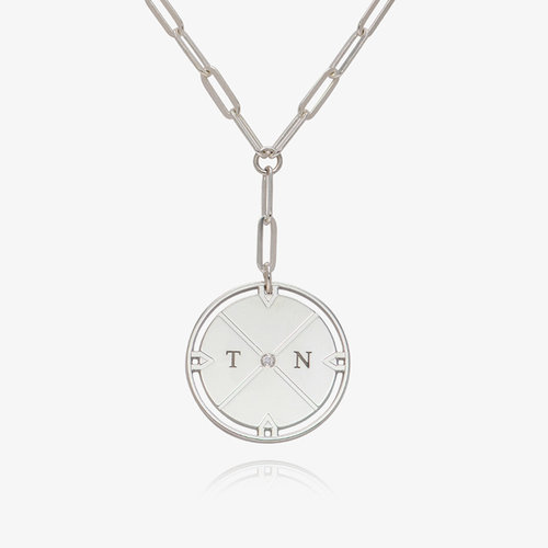 Engraved Compass Necklace With Diamond - Silver product photo