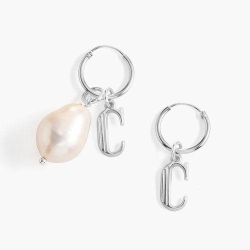 Initial Hoop Earrings With Baroque Pearl - Sterling Silver product photo